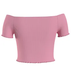 Tee shirt manche courte femme Tommy Jeans Crop rib off shoulder top Rose - ZE...