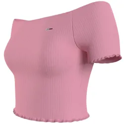 Tee shirt manche courte femme Tommy Jeans Crop rib off shoulder top Rose - ZE...