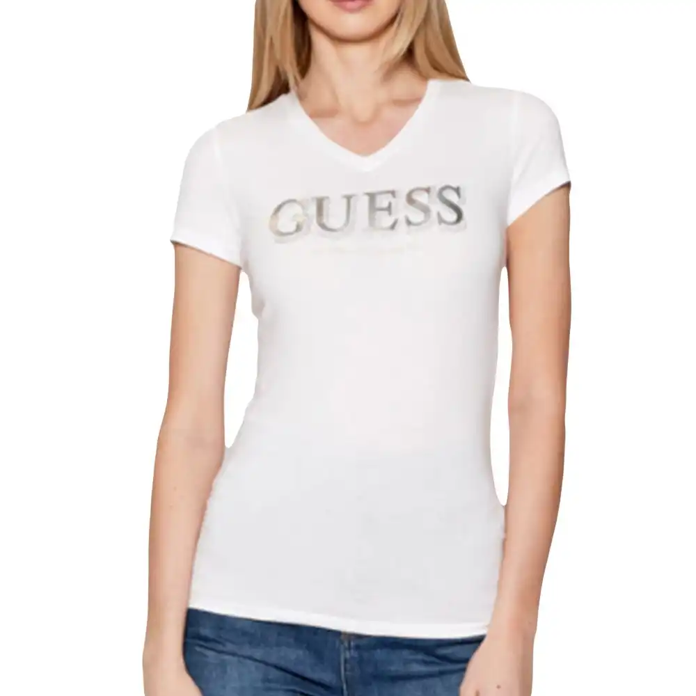 Tee shirt manche courte femme Guess Logo Relief Blanc - ZESHOES