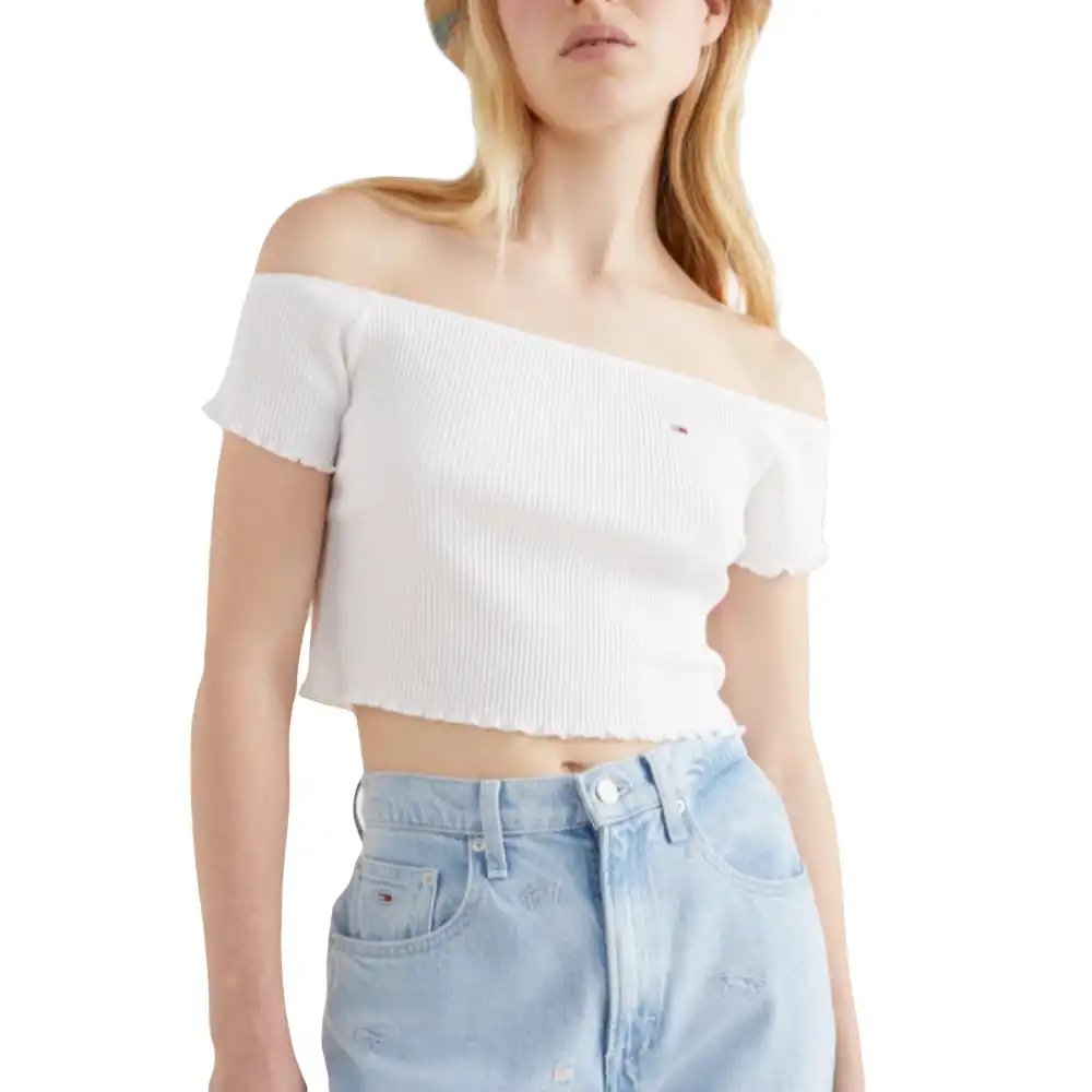 Tee shirt manche courte femme Tommy Jeans Crop Rib Off Shoulder Top Blanc - Z...