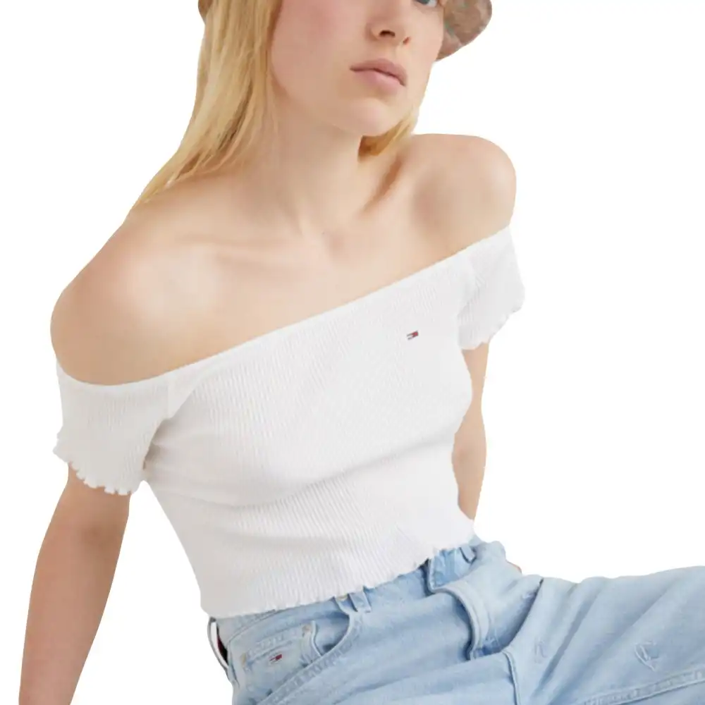 Tee shirt manche courte femme Tommy Jeans Crop Rib Off Shoulder Top Blanc - Z...
