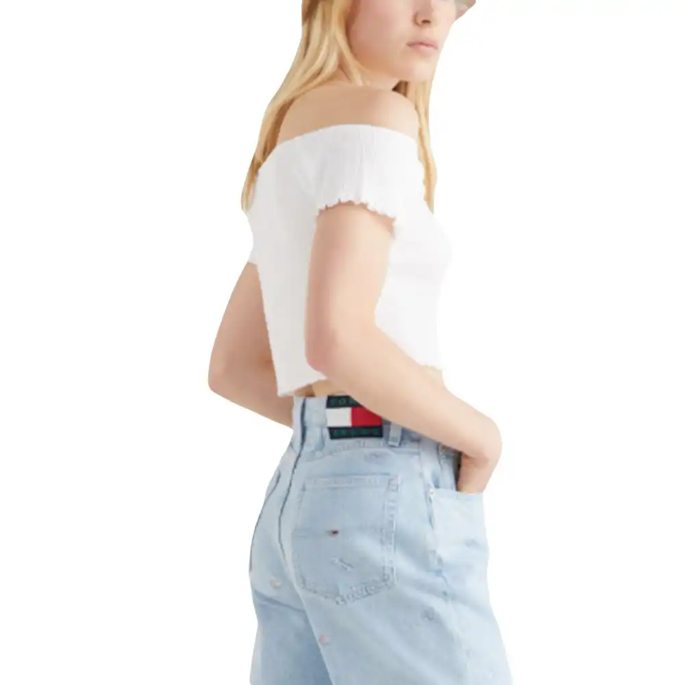 Tee shirt manche courte femme Tommy Jeans Crop Rib Off Shoulder Top Blanc - Z...