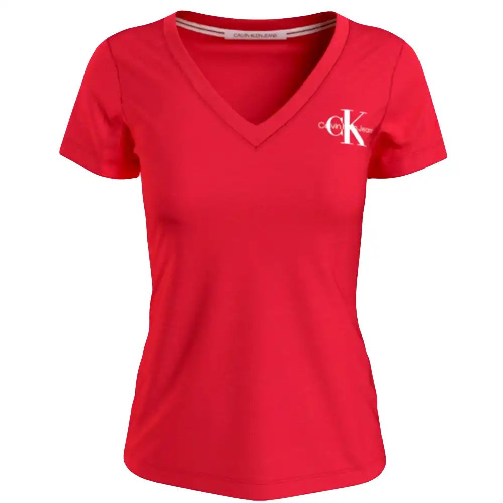 Tee shirt manche courte femme Calvin Klein Monogram logo v-neck tee Rouge - Z...