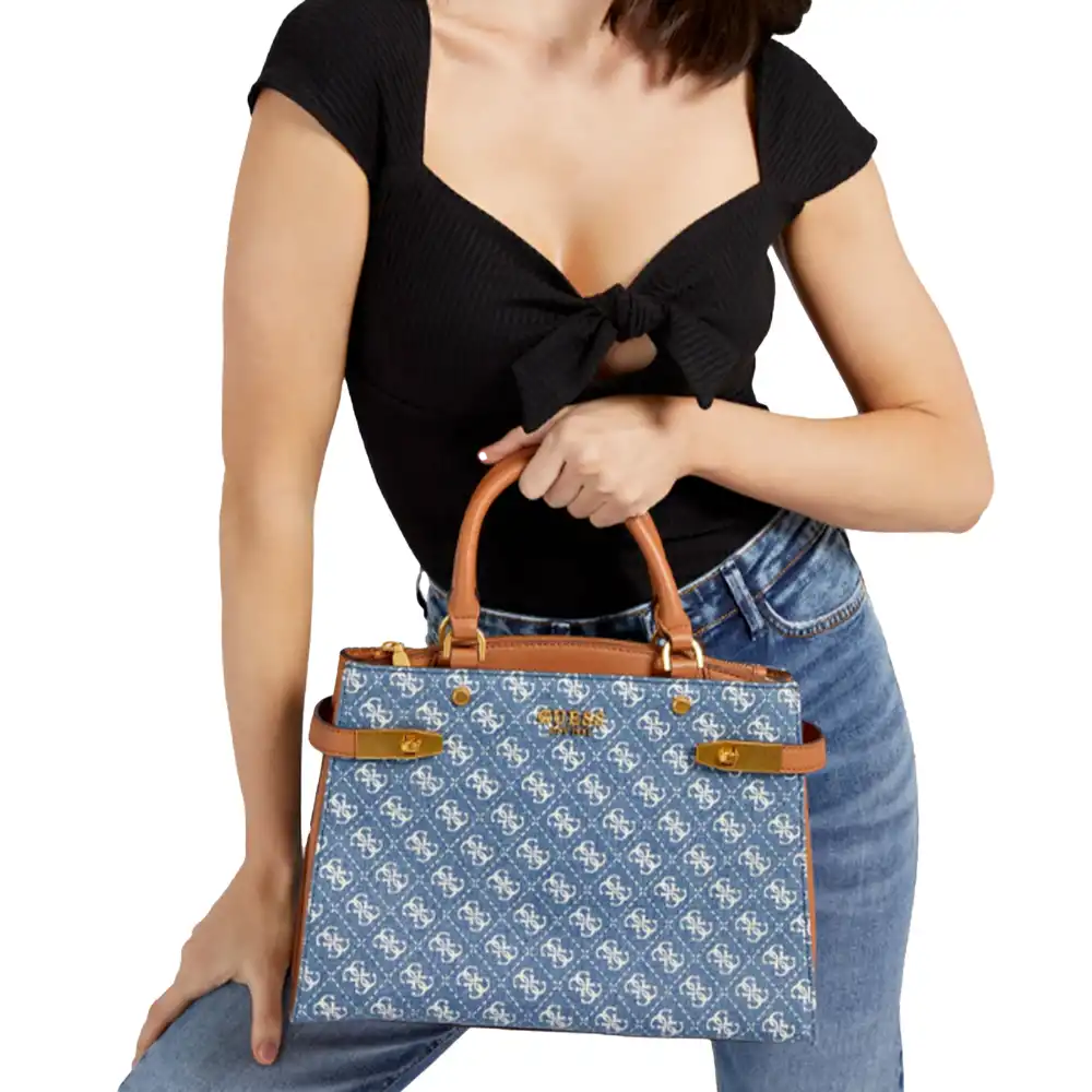 Sac bandoulière femme Guess Zadie logo denim Bleu - ZESHOES