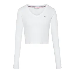 Tee shirt manche longue femme Tommy Jeans Baby rib jersey v-neck Blanc - ZESHOES Tee shirt manche longue femme Tommy Jeans Baby rib jersey v-neck Blanc - ZESHOES