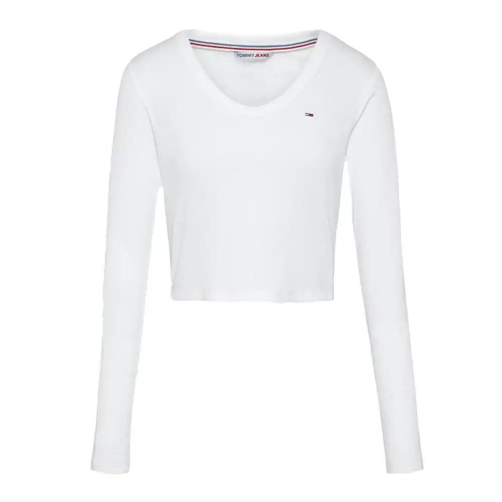 Tee shirt manche longue femme Tommy Jeans Baby rib jersey v-neck Blanc - ZESHOES Tee shirt manche longue femme Tommy Jeans Baby rib jersey v-neck Blanc - ZESHOES