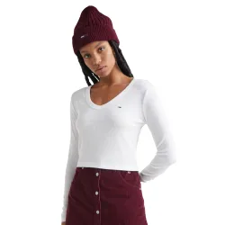 Tee shirt manche longue femme Tommy Jeans Baby rib jersey v-neck Blanc - ZESHOES Tee shirt manche longue femme Tommy Jeans Baby rib jersey v-neck Blanc - ZESHOES